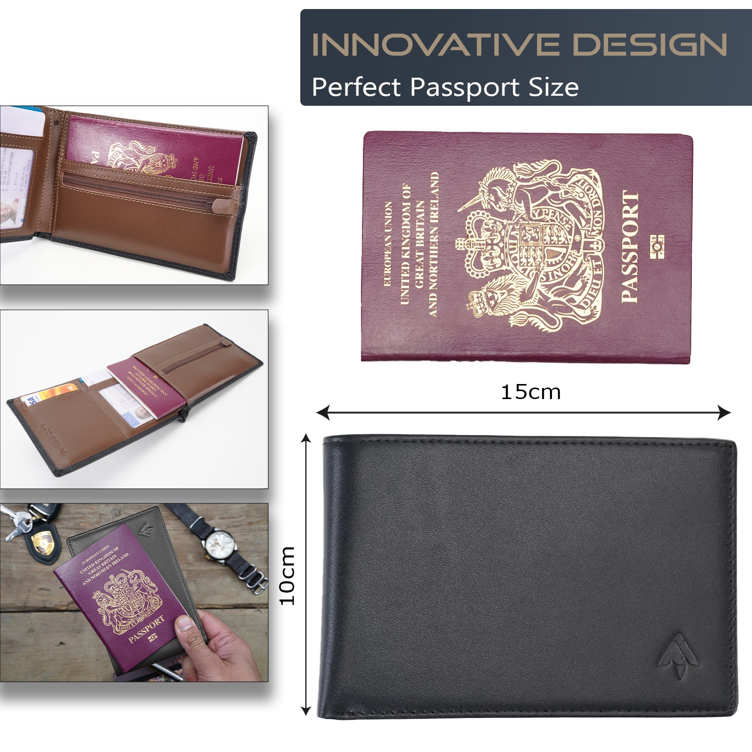 Riseicon® Legacy Travel Passport Wallet Document Holder Organizer - Genuine Luxury Leather - Men and Women
